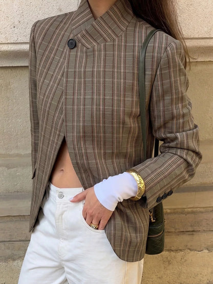 Plaid Single-Button Blazer - Mocha - View 5