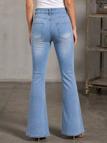 High-Waisted Distressed Flare Jeans - Light Blue - View 5