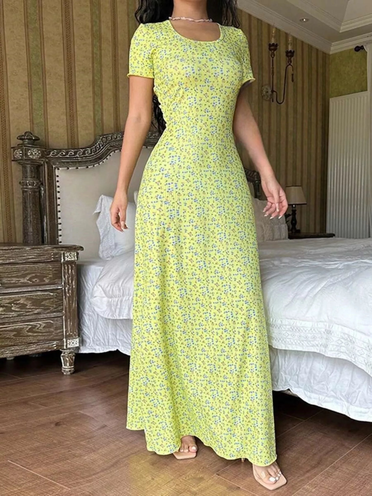 Floral Print Short Sleeve Maxi Dress - Yellow - View 3