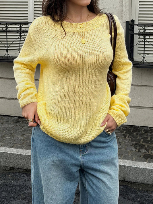 Crew Neck Dropped Shoulder Sweater - Yellow - View 2