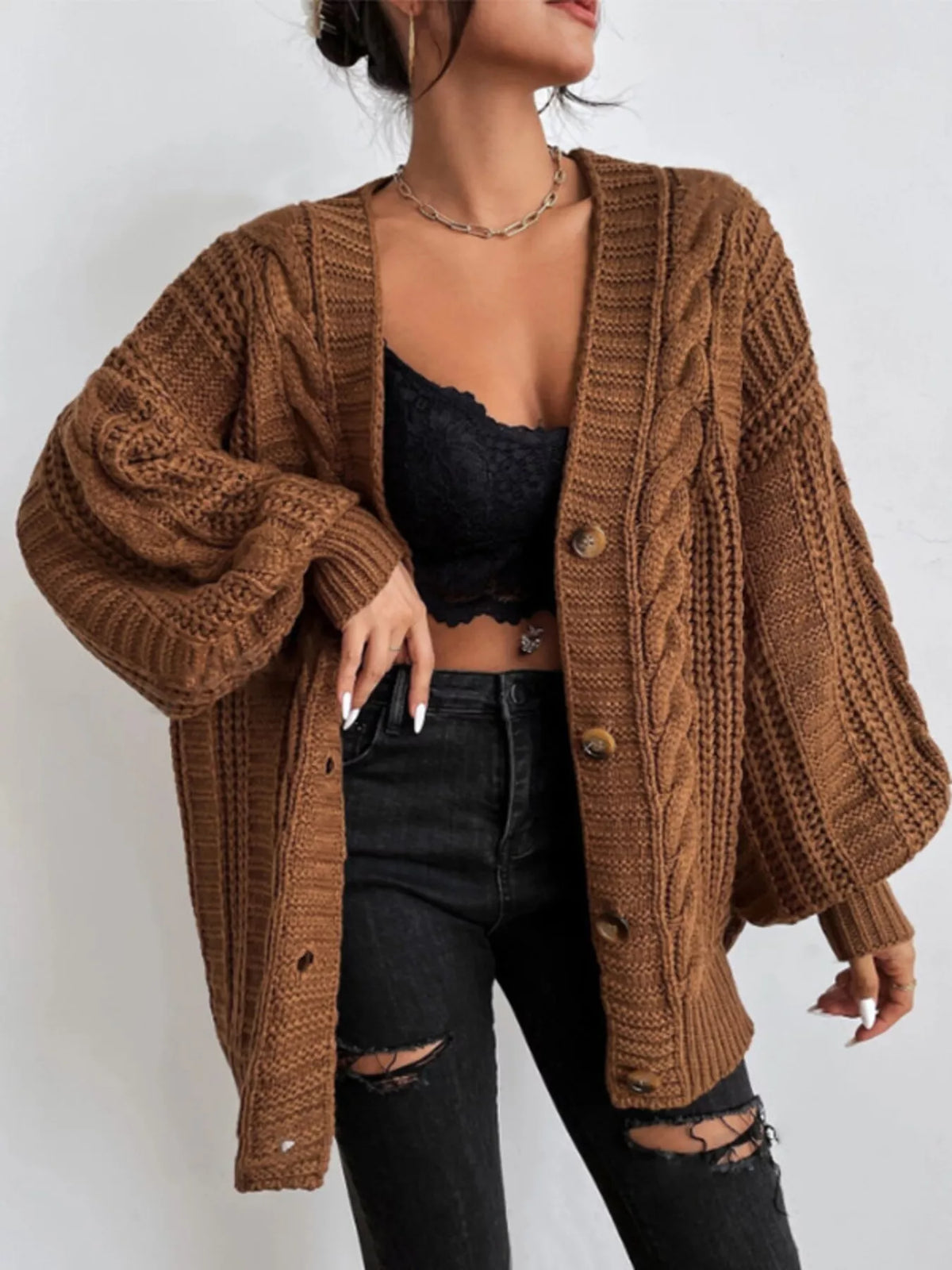 Cable Knit V-Neck Button-Down Cardigan - Dark Brown - View 1