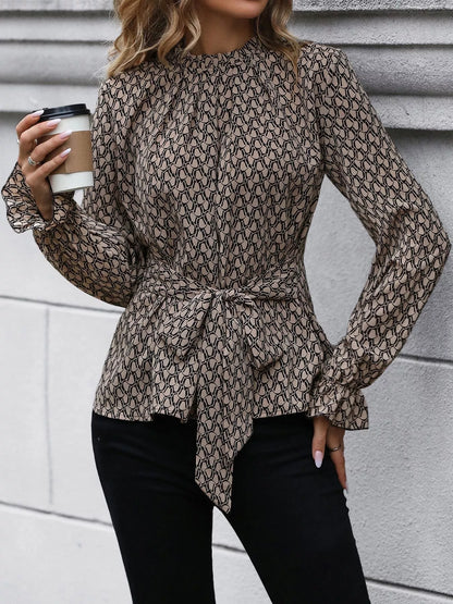 Printed Tie-Waist Flounce Sleeve Blouse - Khaki - View 3