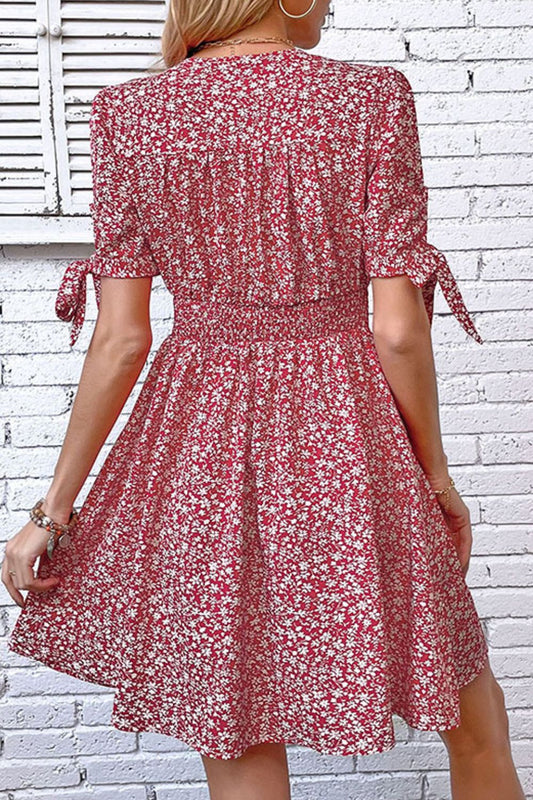 Perfee Ditsy Floral Tied Puff Sleeve Button Front Dress - Deep Red - View 2