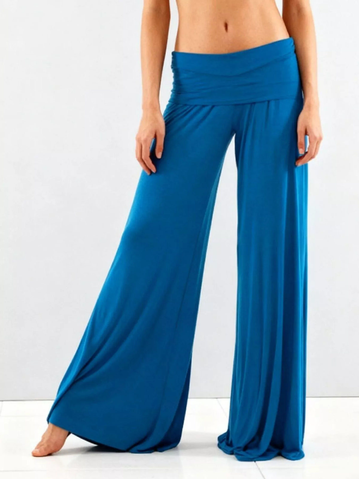 High-Waisted Fold-Over Wide Leg Active Pants - Blue - View 3