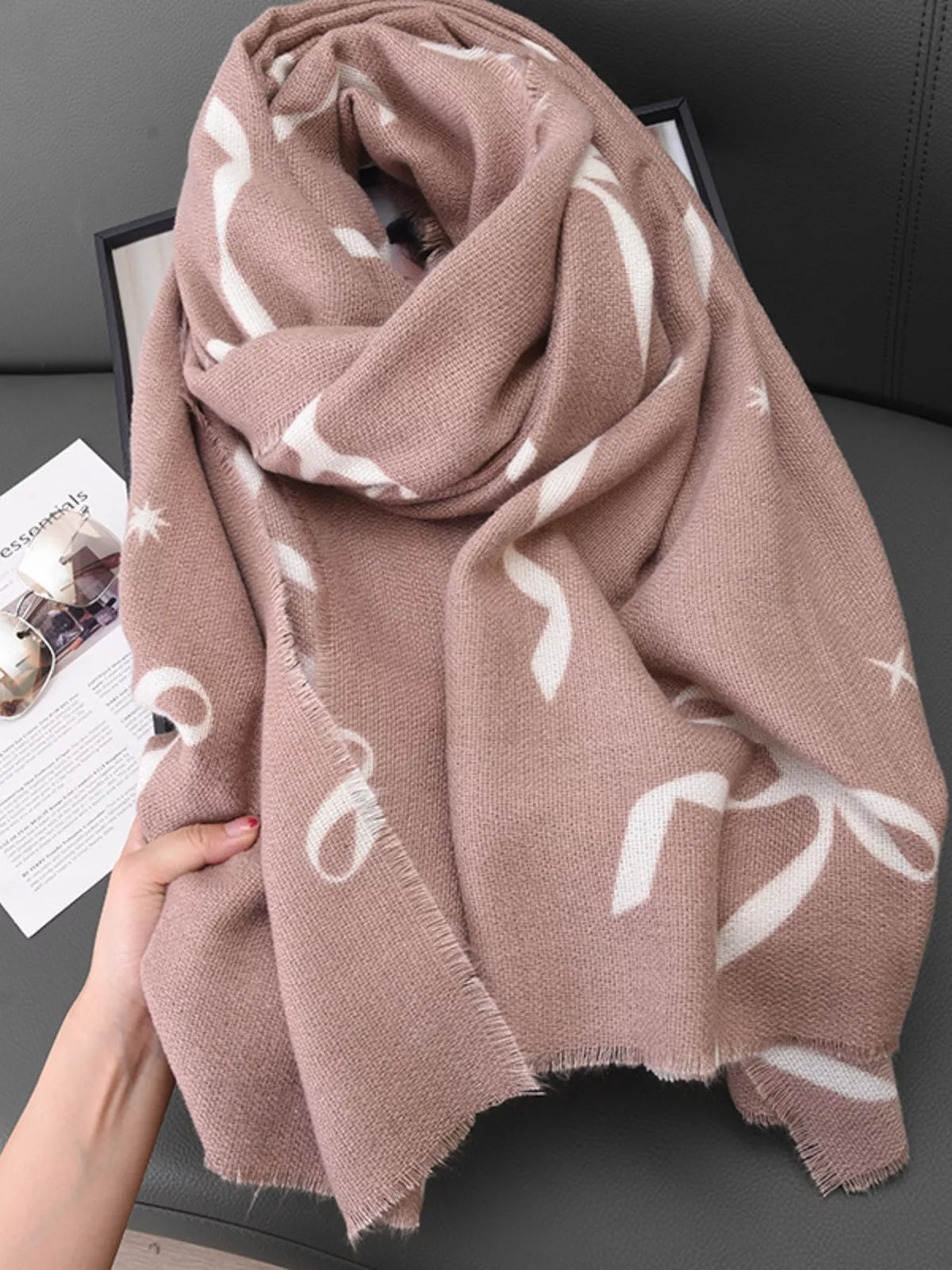 Bow Print Lightweight Scarf - Khakis - View 5
