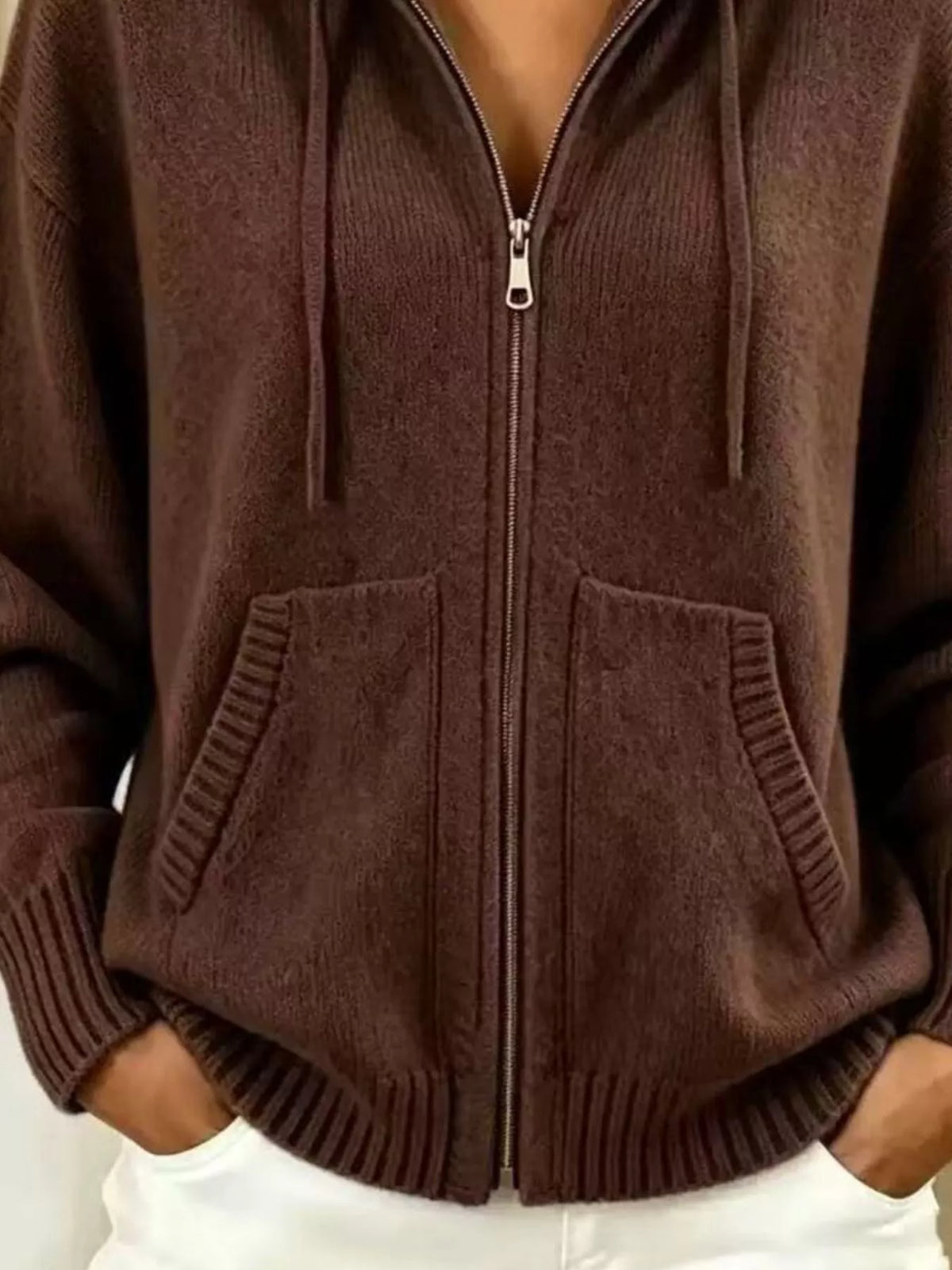 Zip-Up Hooded Knit Cardigan - Dark Brown - View 2