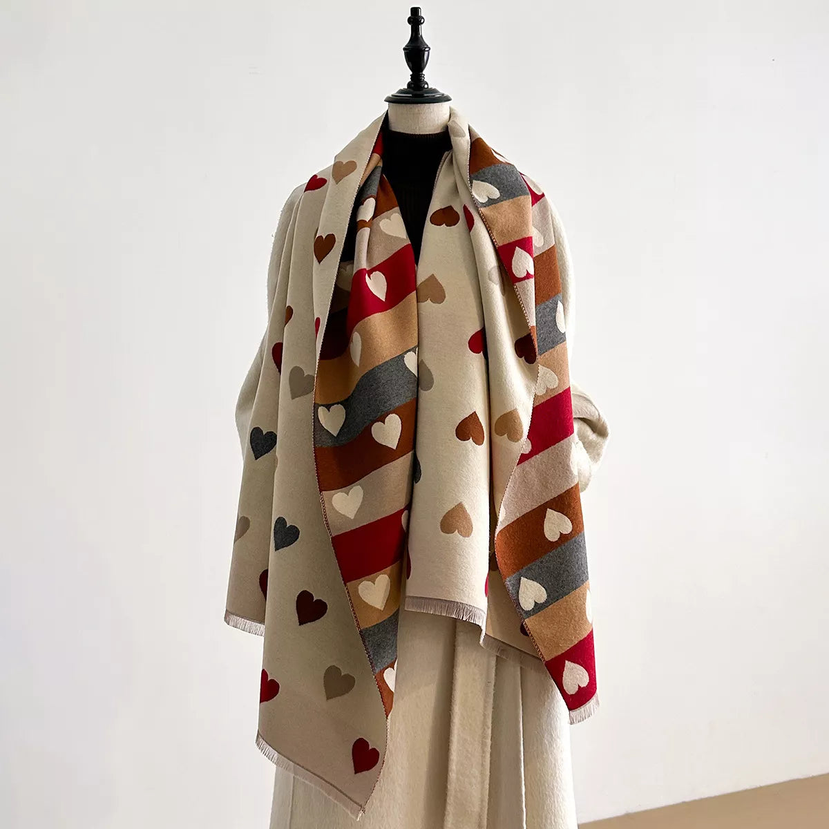 Heart Pattern Fringe Winter Scarf - Beige - View 1