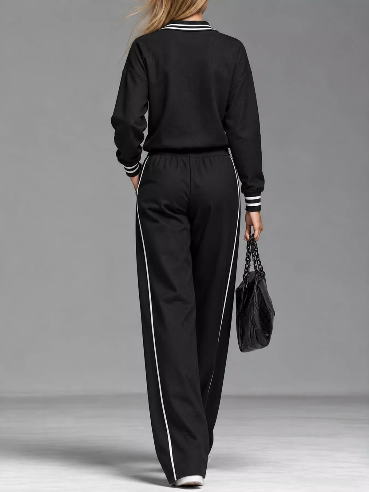 Striped Half Zip Top and Pants Set - Black - View 8