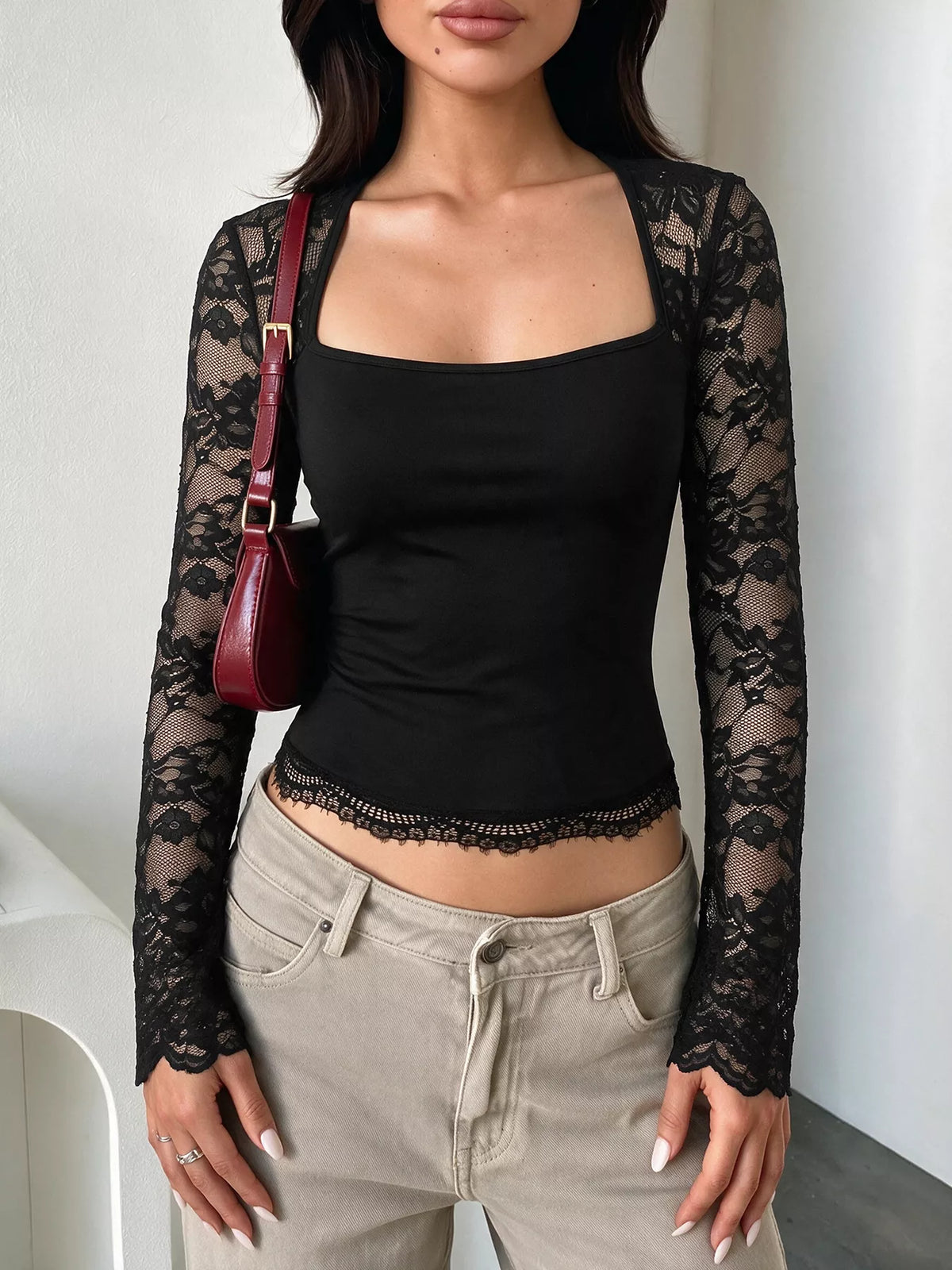 Lace Sleeve Square Neck Top - Black - View 3