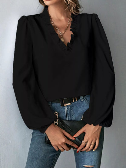 Ruffled Trim V-Neck Blouse - All Colors - View 1