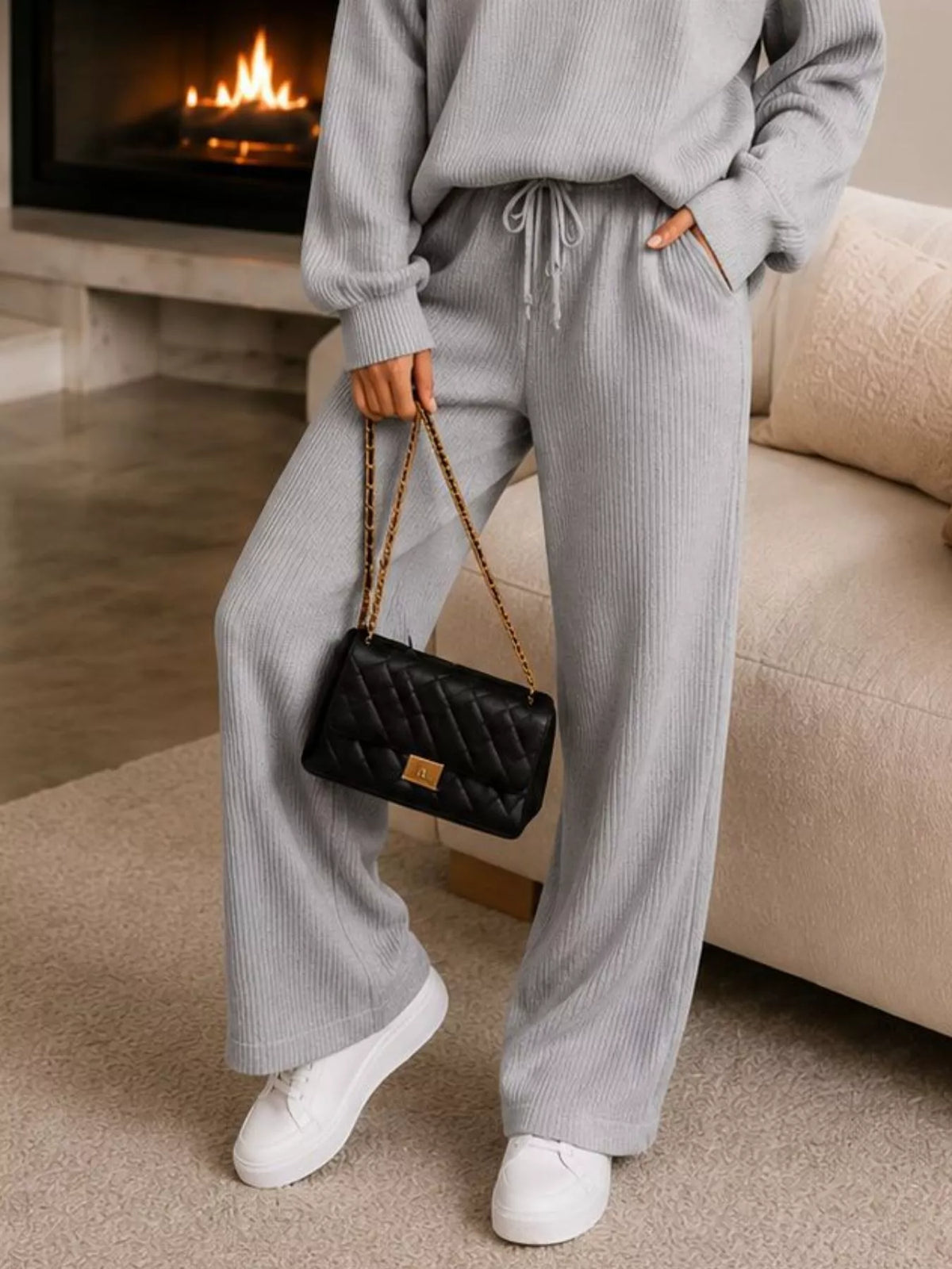 Ribbed Knit Quarter-Zip Top and Wide-Leg Pants Set - Light Gray - View 3