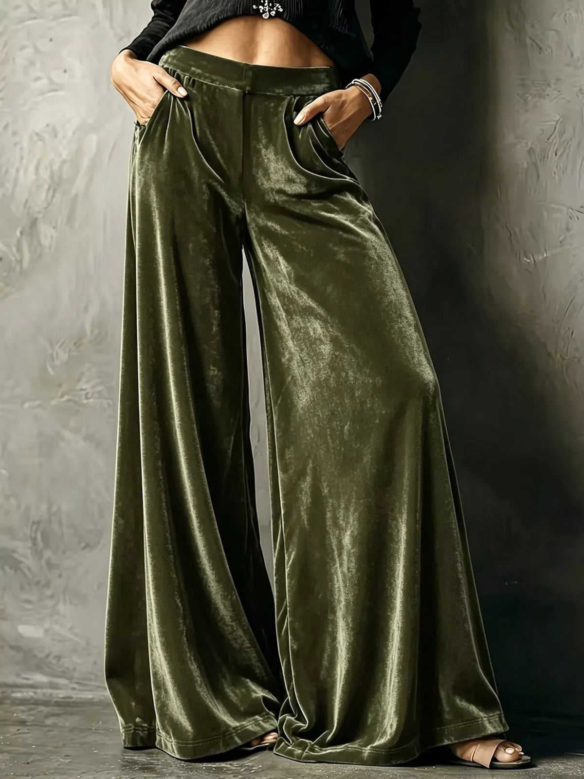 Full Size High-Waisted Wide-Leg Velvet Pants Plus Size - Army Green - View 1