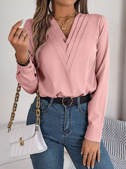 Layered V-Neck Long Sleeve Blouse - Blush Pink - View 7