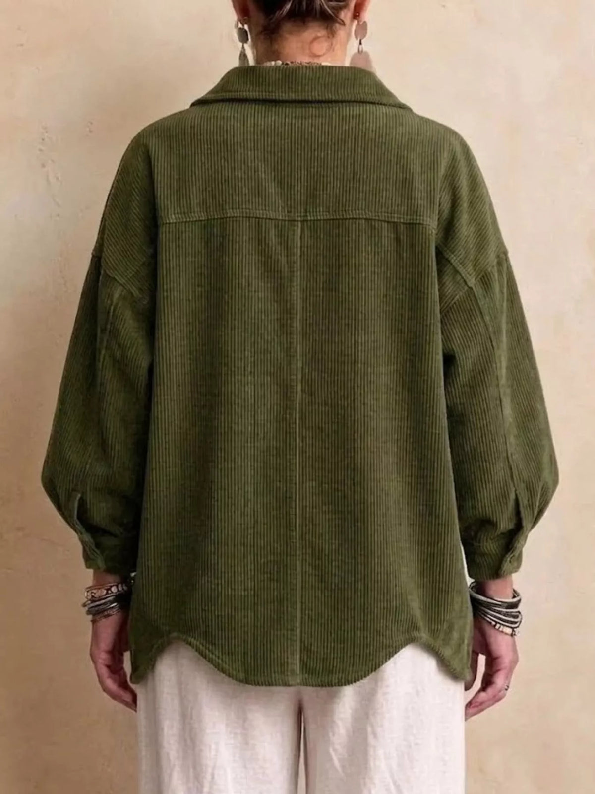 Full Size Corduroy Button-Down Jacket Plus Size - Army Green - View 2