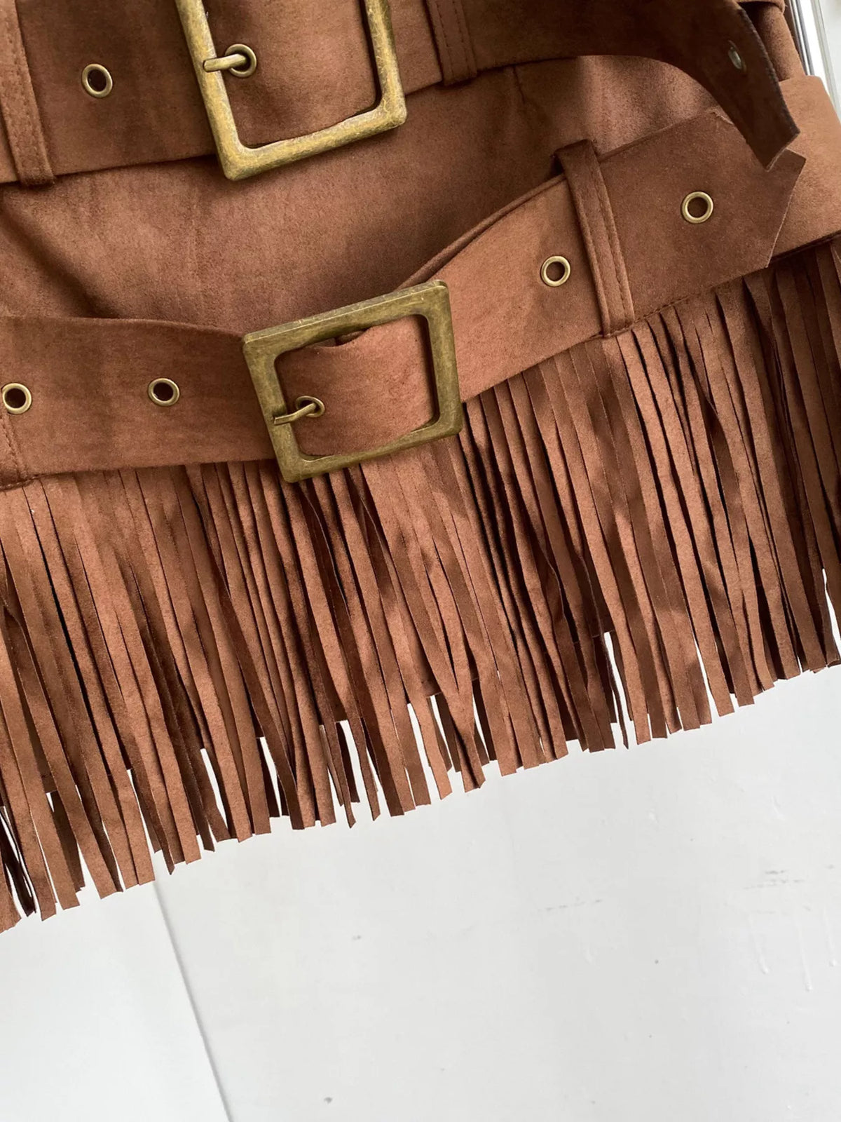 Fringe Belted Mini Skirt - Khaki - View 6