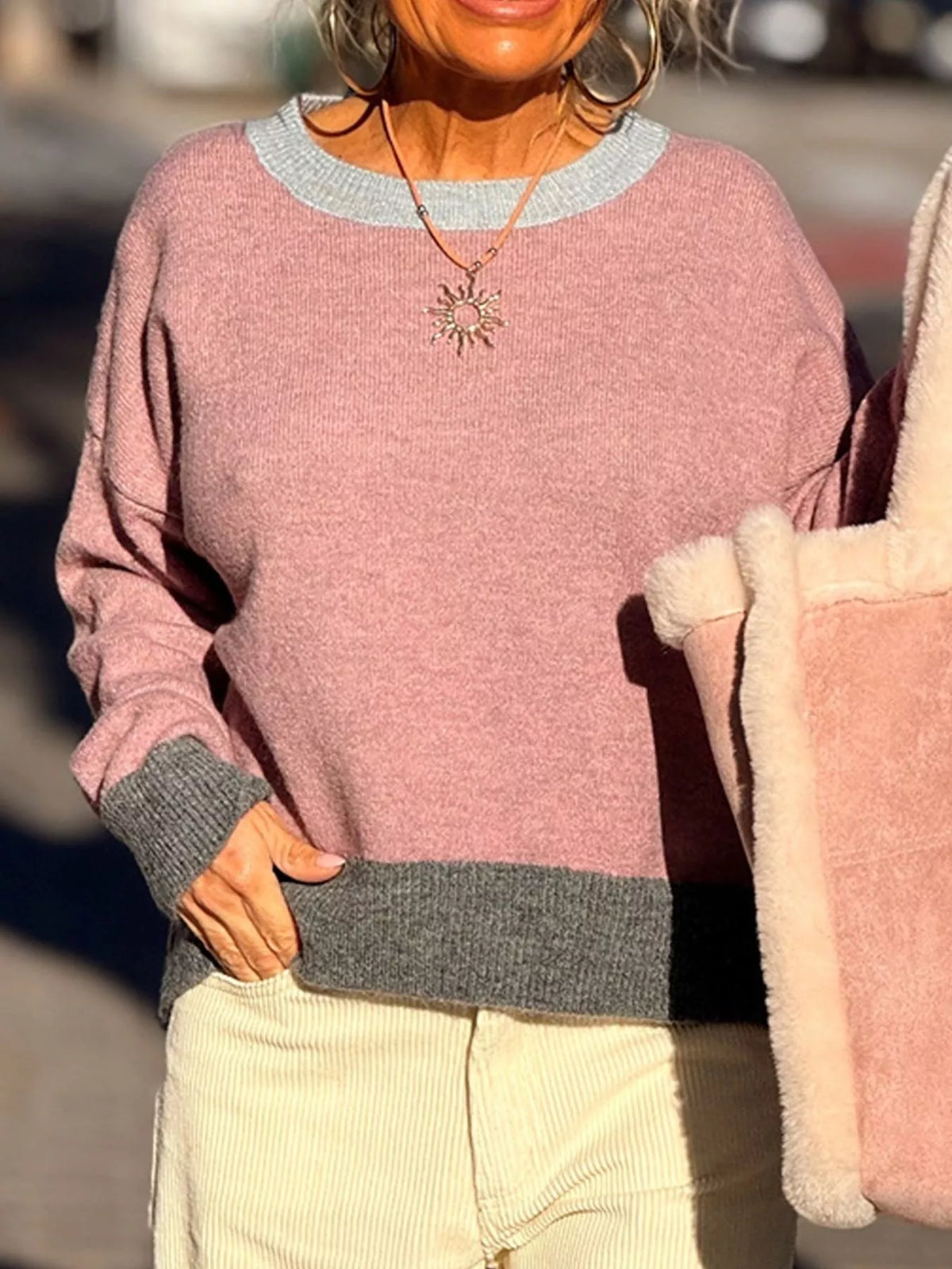 Contrast Trim Crew Neck Sweater - Sky Blue - View 1