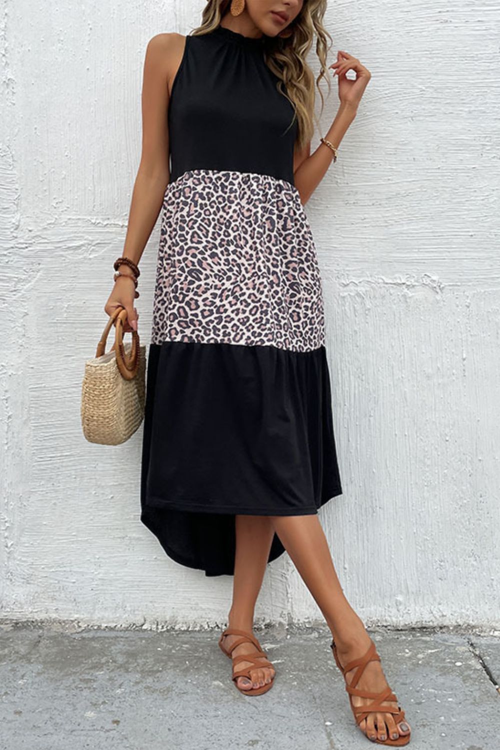 Perfee Leopard Contrast Sleeveless Maxi Dress - Black/Leopard - View 1