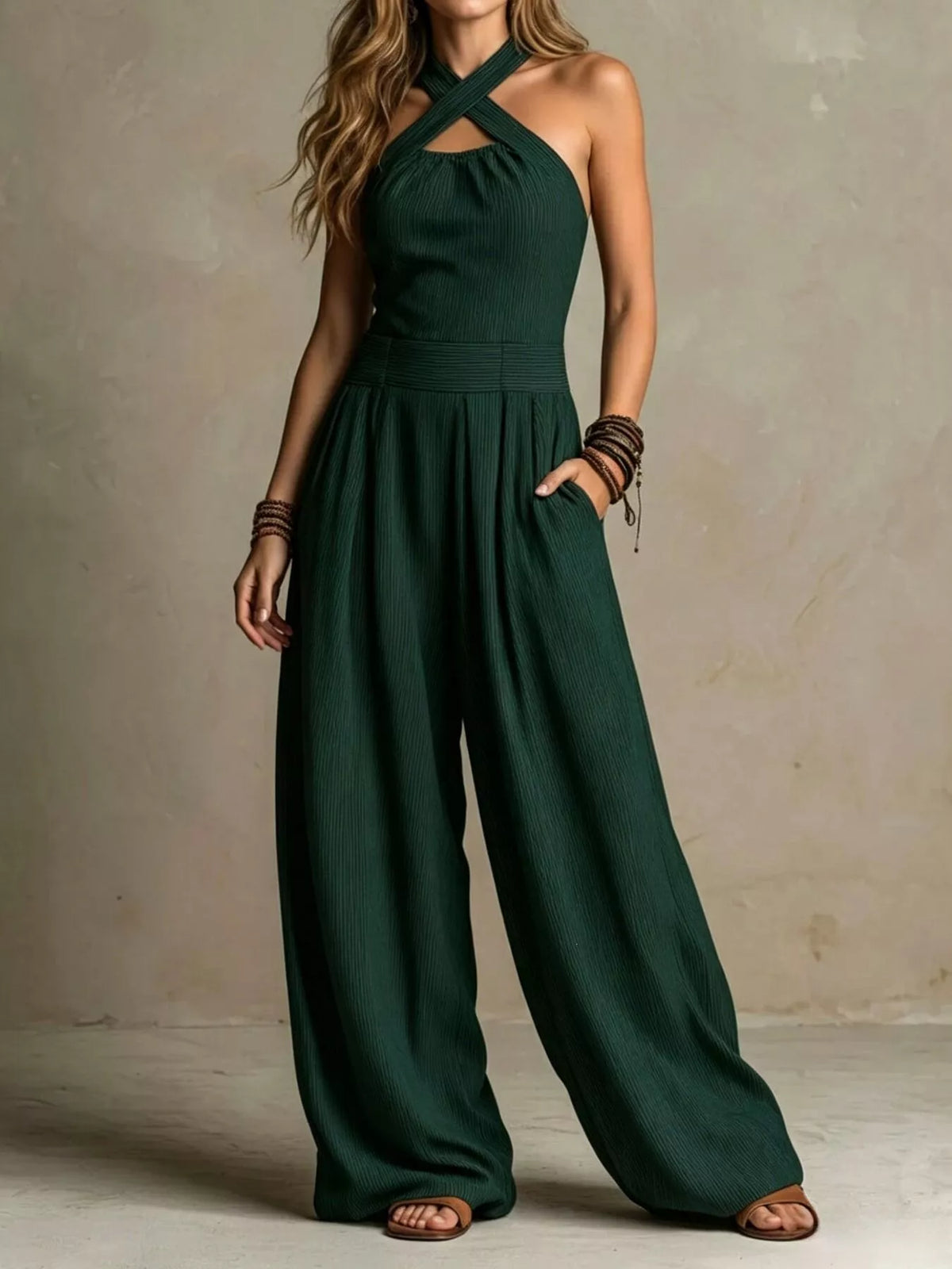Halter Neck Wide-Leg Jumpsuit with Pockets - Dark Green - View 1