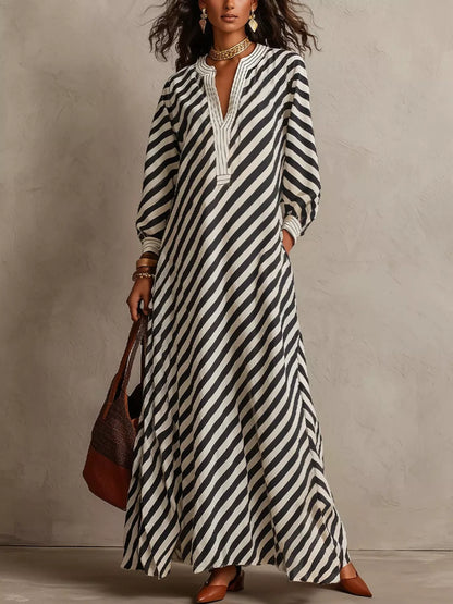 Striped Long Sleeves Maxi Dress - Black - View 1