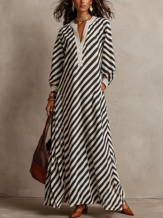 Striped Long Sleeves Maxi Dress - Black - View 1
