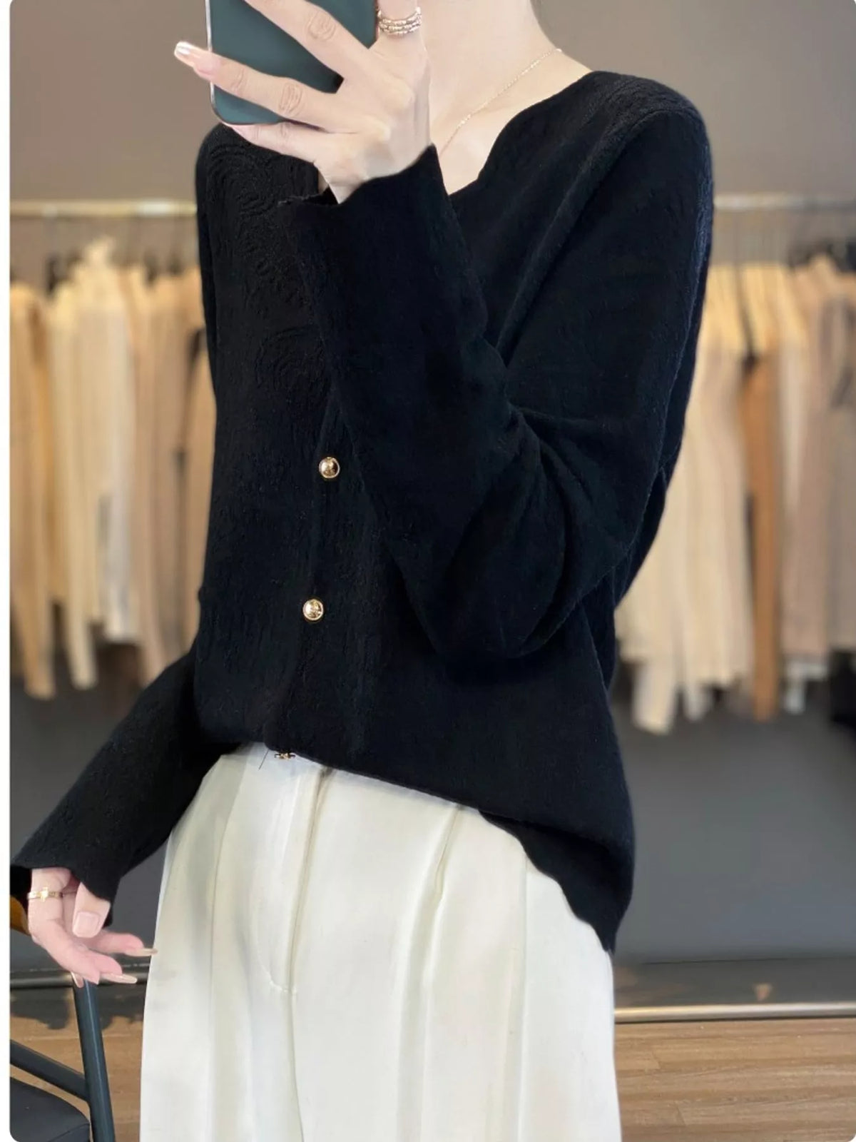 Lace V-Neck Cardigan - Black - View 10