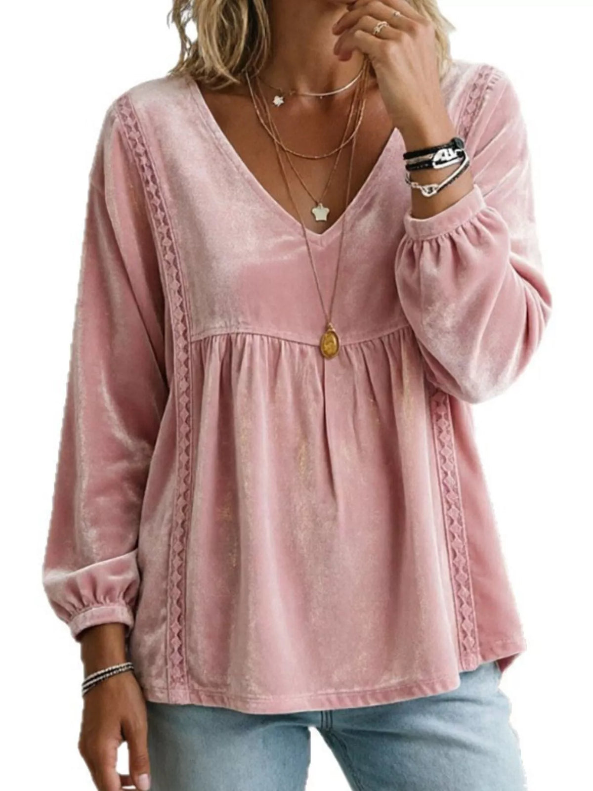 Full Size V-Neck Long Sleeve Velvet Blouse with Lace Trim Plus Size - Pink - View 1