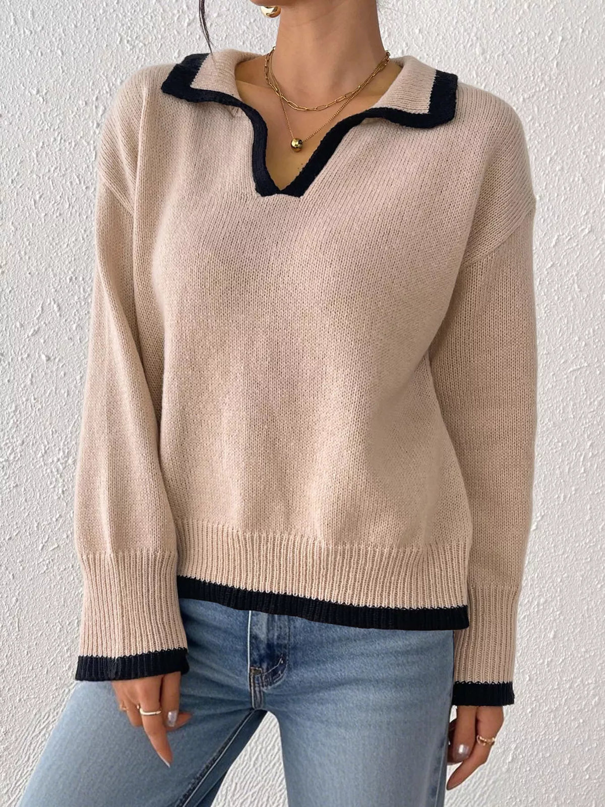 Contrast Trim Polo Collar Sweater - Khaki - View 5