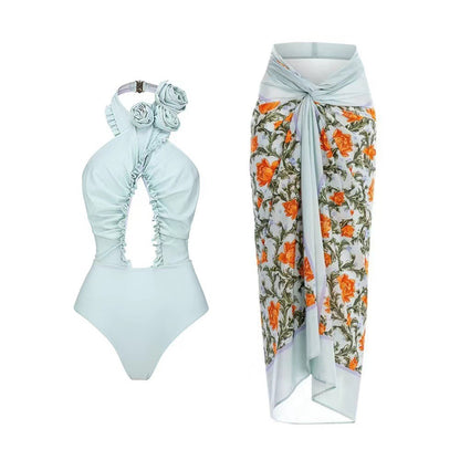 French style two sets of women's swimsuits solid color flash cross hollow swimsuit for women
