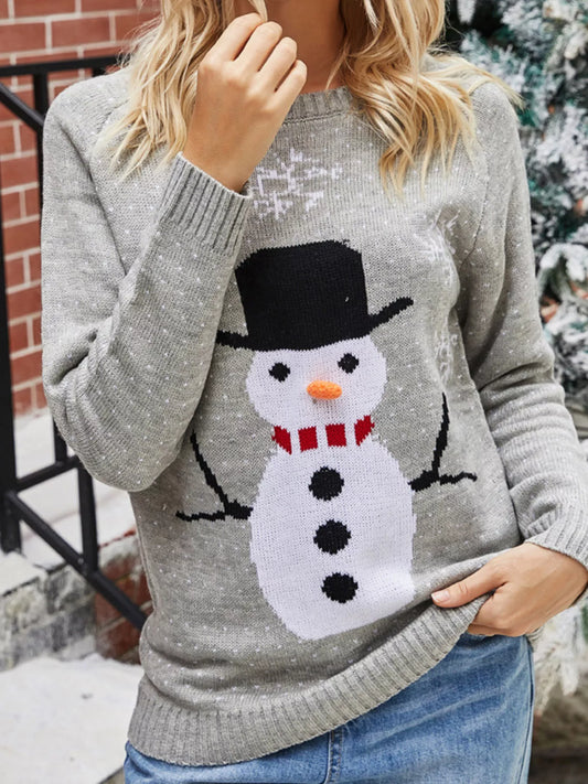 Snowman Graphic Raglan Sleeve Sweater - Grey - View 1