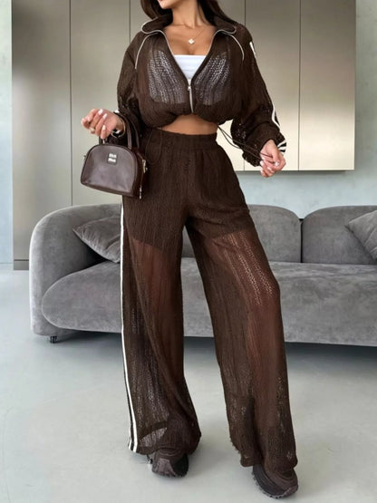 Side Stripes Zip Up Top and Pants Set - Brown - View 1