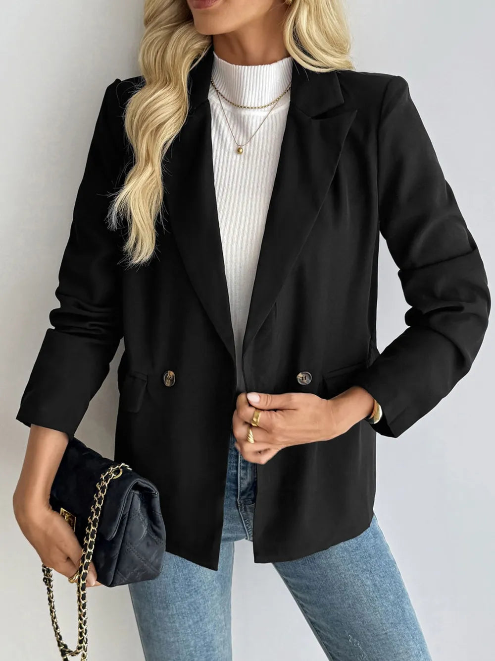 Perfee Lapel Collar Long Sleeve Blazer - Black - View 1