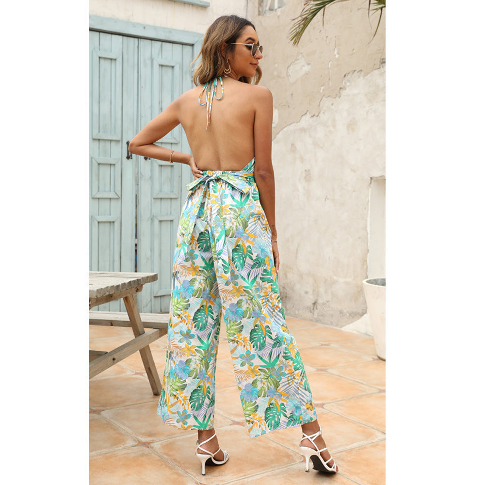 New Women's Tropical Print Long Jumpsuit