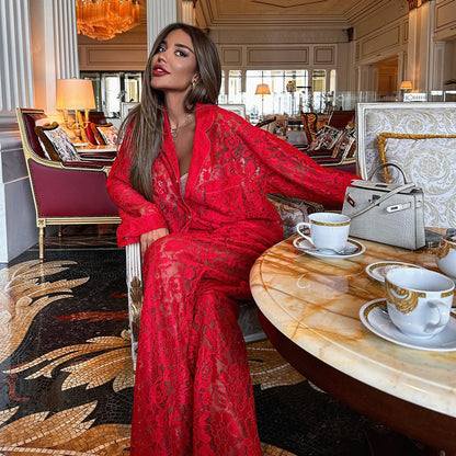 New lace perspective two-piece set for sexy and spicy women, fashionable lapel shirt and pants set