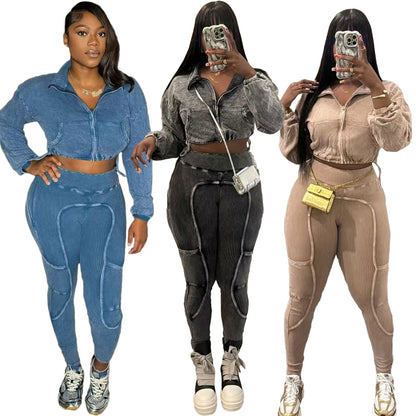 Casual Fashion Washed Tie-Dye Patchwork Set for Women
