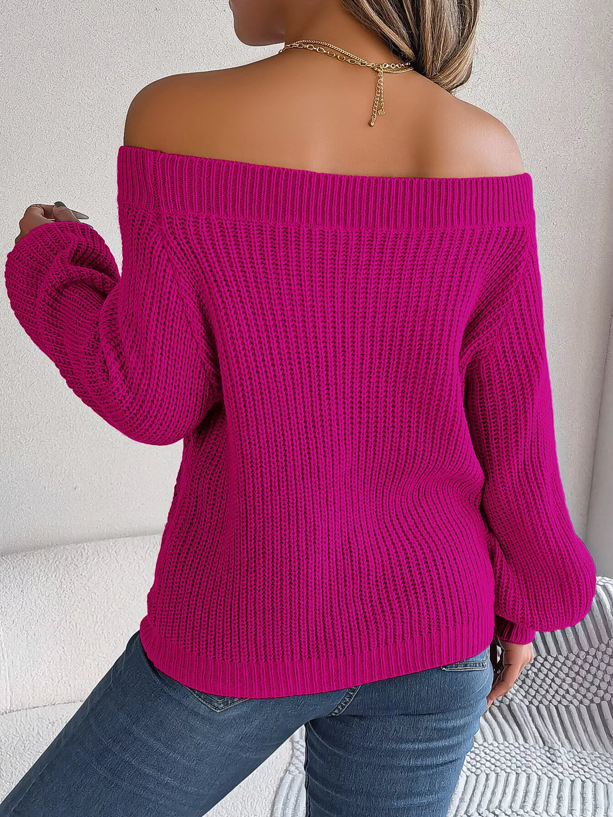 Openwork Off-Shoulder Sweater - Deep Rose - View 5