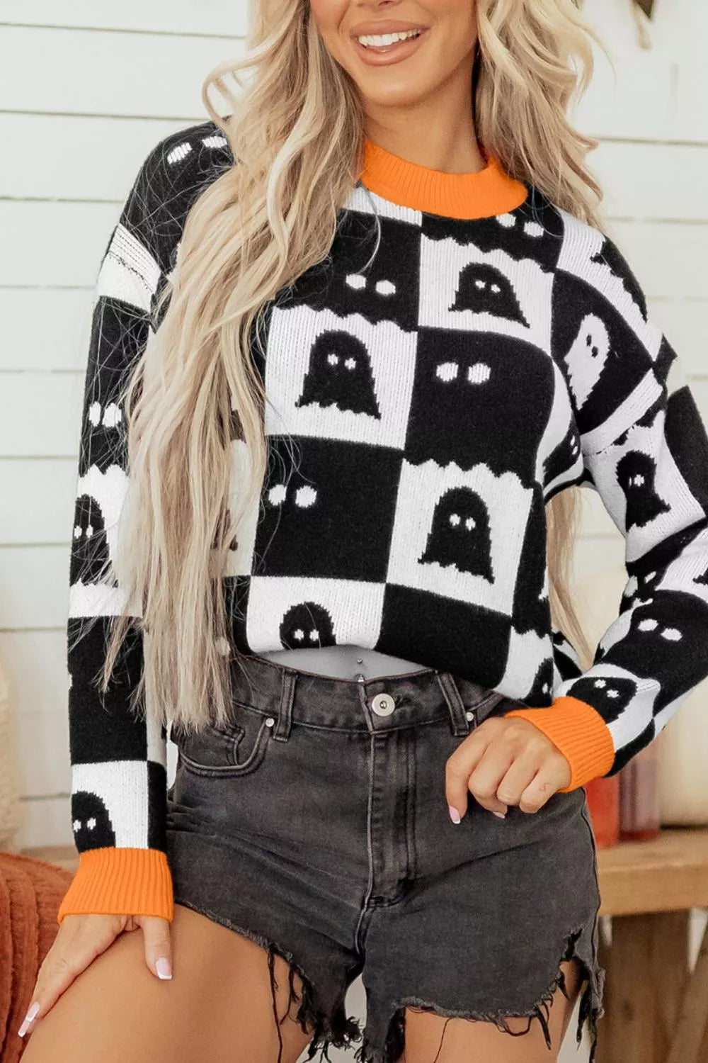 Halloween Ghost Pattern Checkerboard Sweater - All Colors - View 1