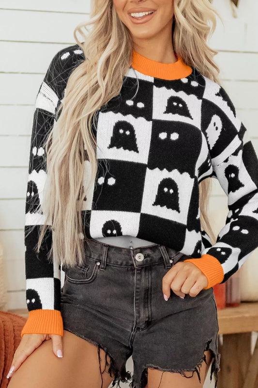 Halloween Ghost Pattern Checkerboard Sweater - All Colors - View 1