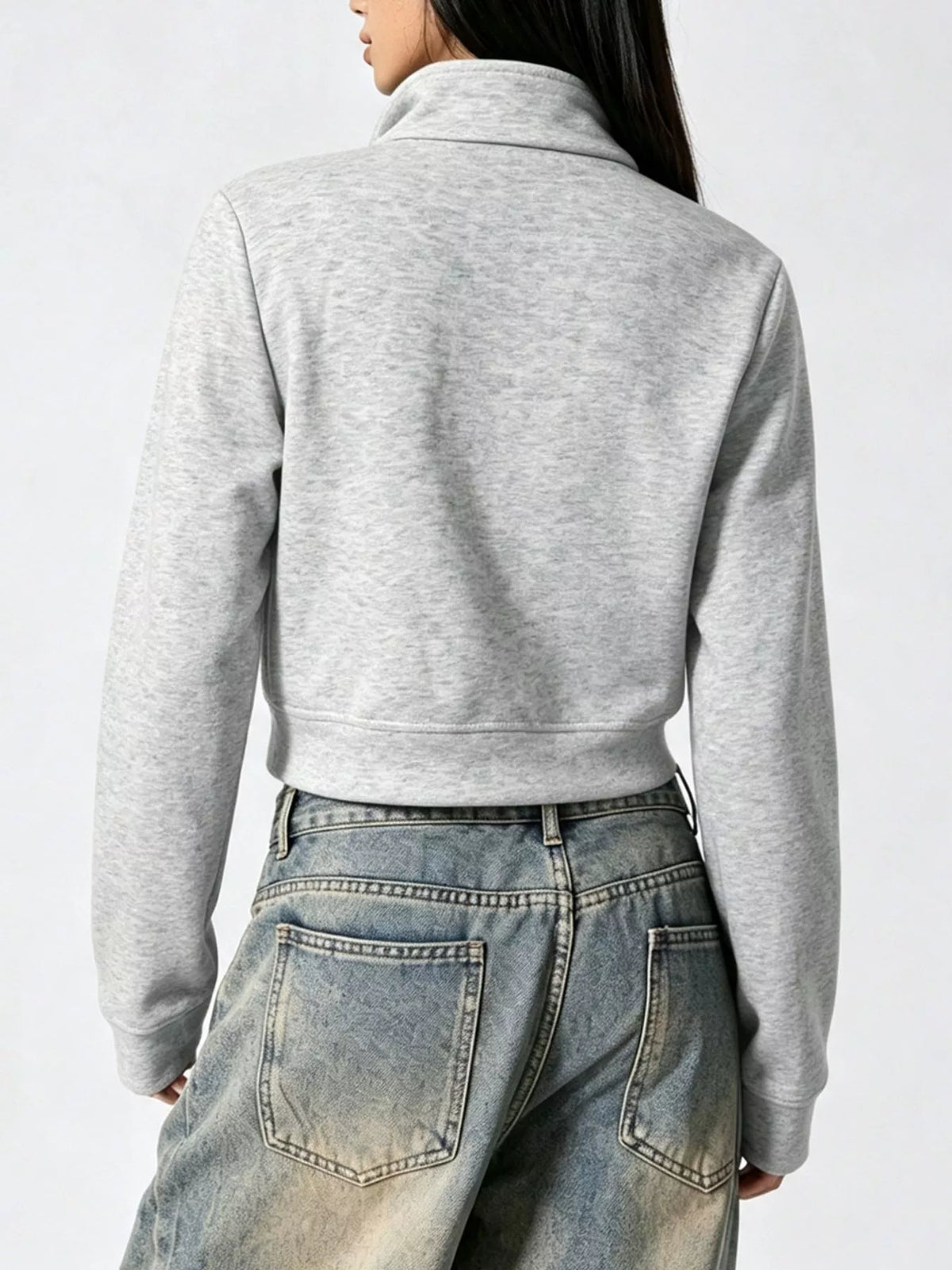 Cropped Zip-Up Outerwear with Decorative Buttons - Gray - View 5