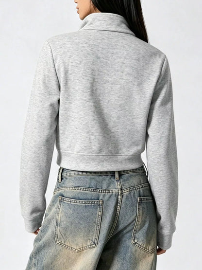 Cropped Zip-Up Outerwear with Decorative Buttons - Gray - View 5
