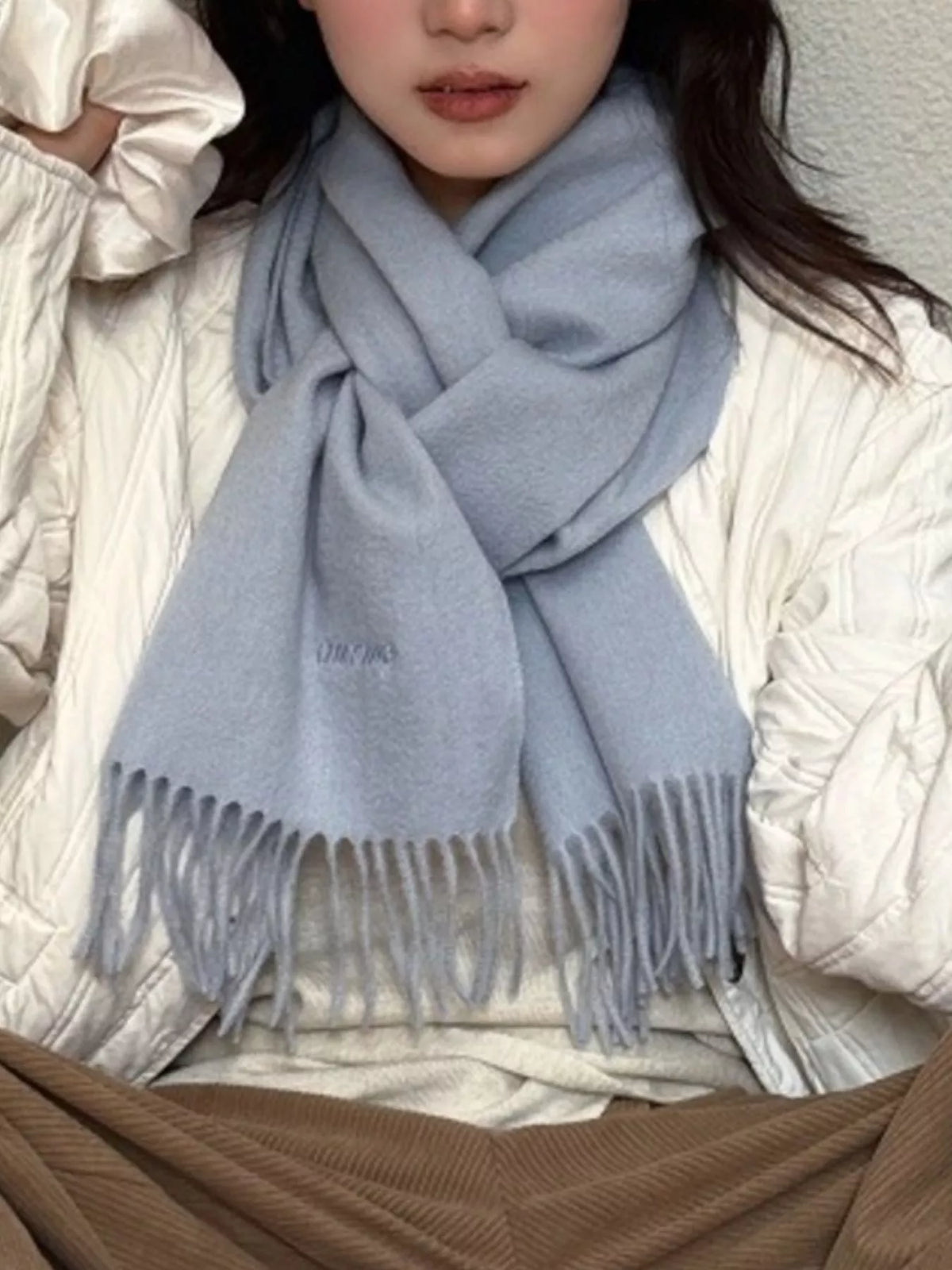 Fringe Solid Color Scarf - Azure Blue - View 5
