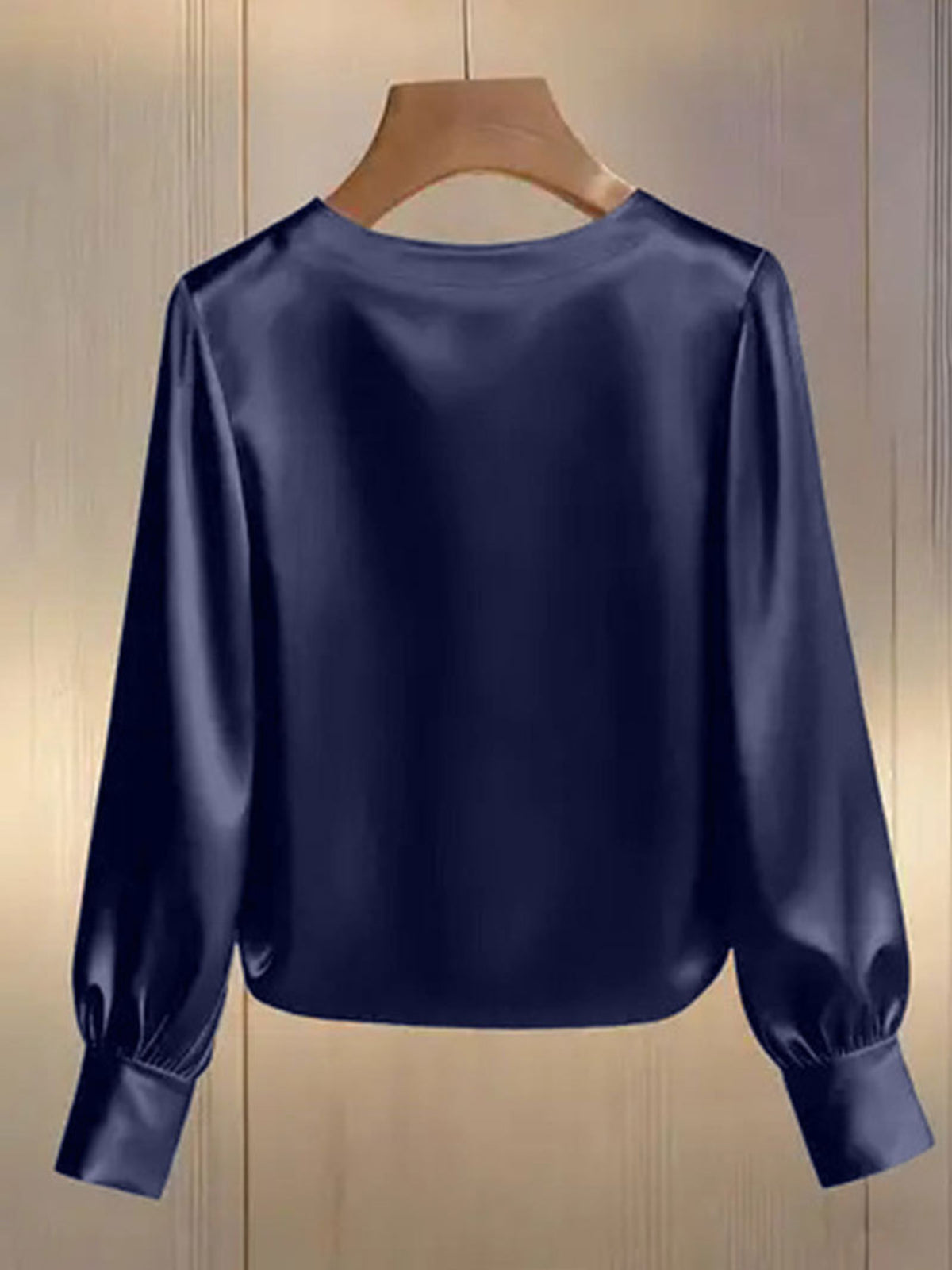 Pearl Trim Round Neck Satin Blouse - Dark Blue - View 14