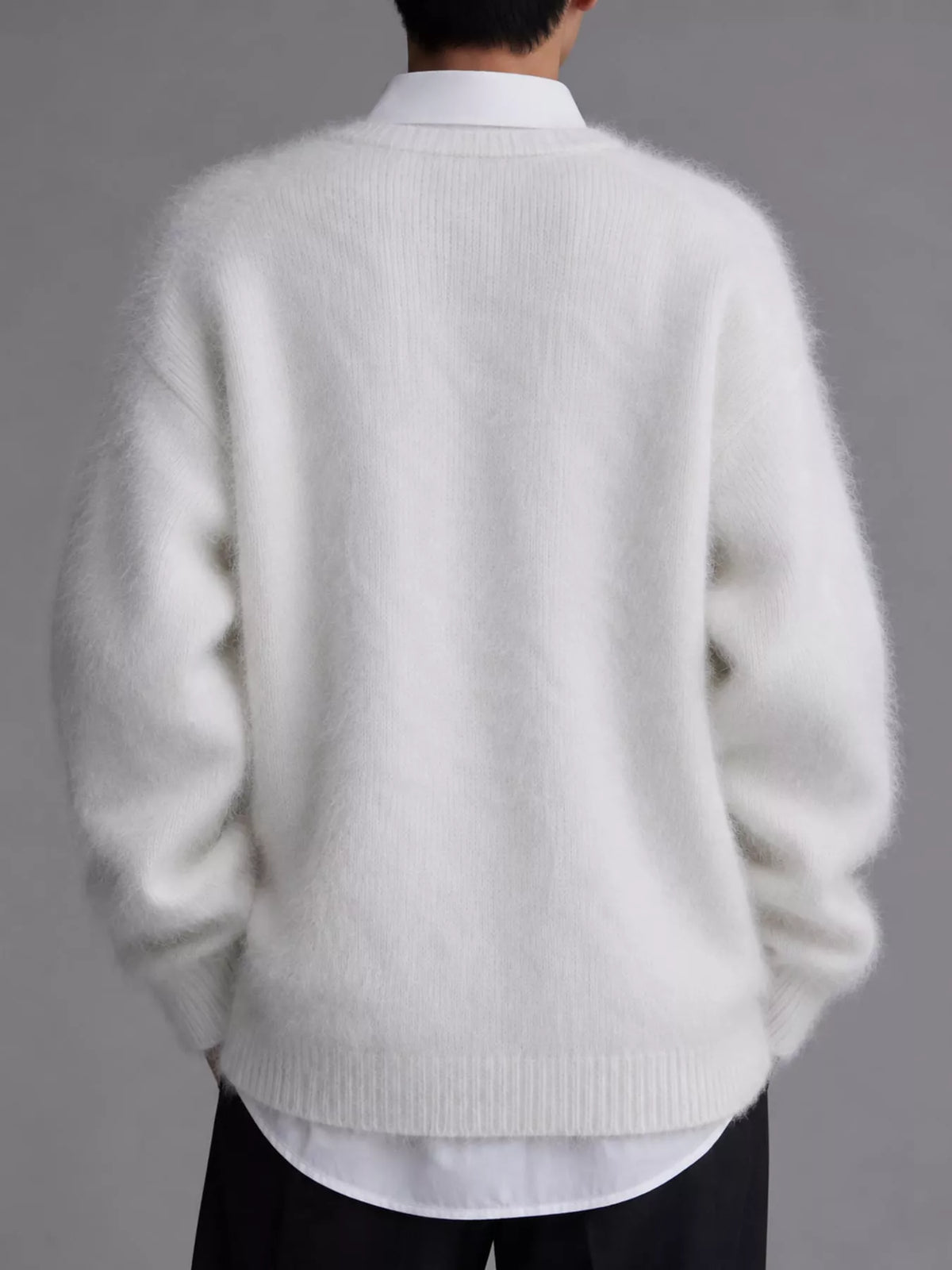 Fuzzy V-Neck Button-Down Cardigan - White - View 11