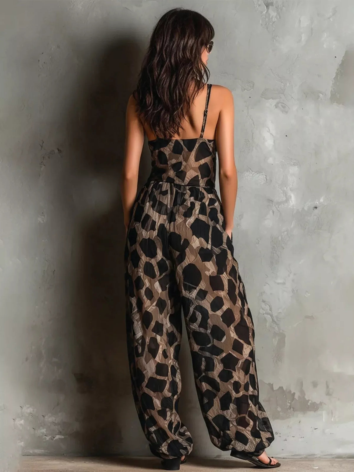 Leopard Front Tie Detail Wide-Leg Jumpsuit - Taupe - View 2