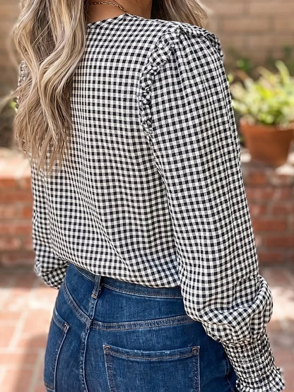 Plaid Shirred Cuff Long Sleeve Round Neck Blouse - Black - View 5