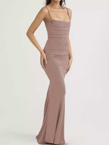 Ruched Spaghetti Strap Bodycon Maxi Dress - Khaki - View 3