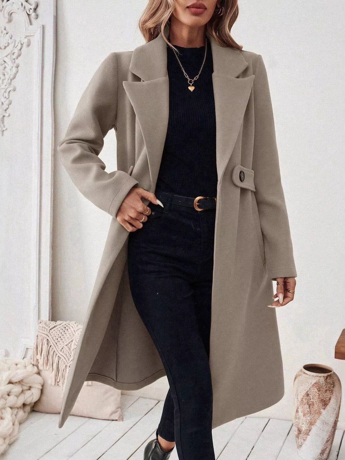 Lapel Collar Longline Coat - Khaki - View 1