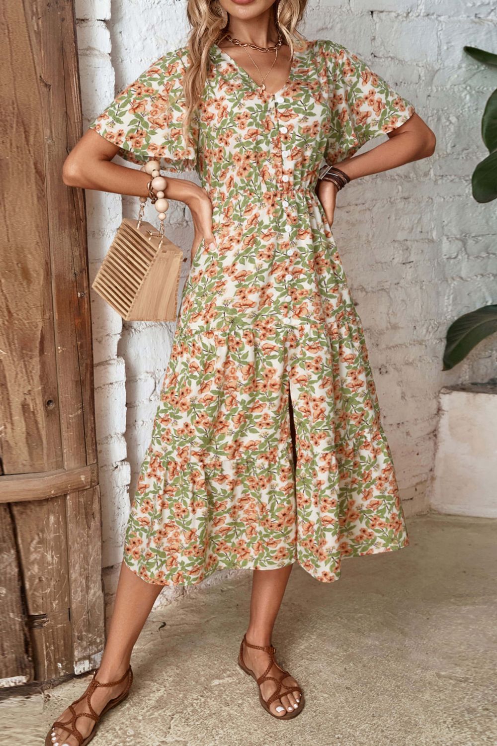 Perfee Floral V-Neck Front Slit Dress - Floral - View 5