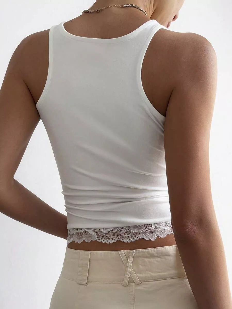 Lace Detail Wide Strap Tank - White - View 3
