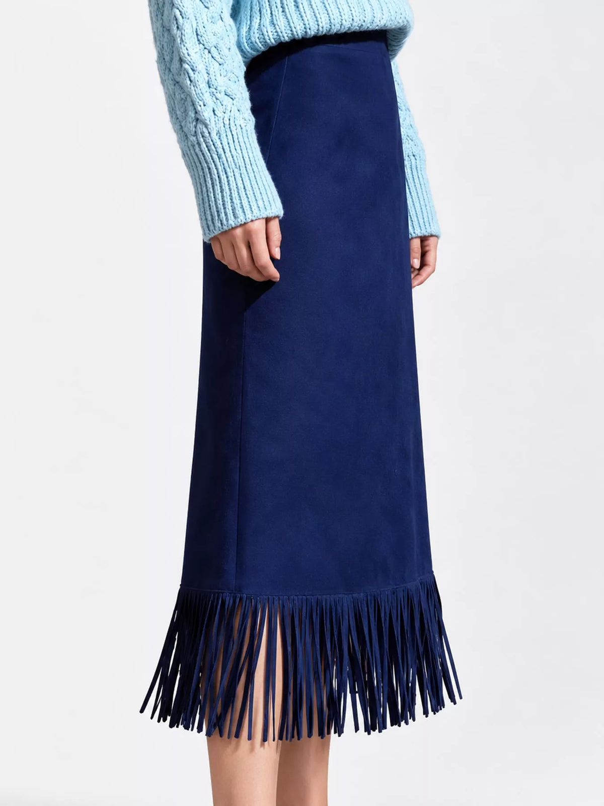 High-Waisted Fringe Midi Skirt - Dark Blue - View 21