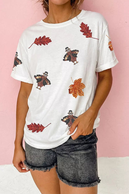 Full Size Sequin Autumn Leaf Thanksgiving Turkey T Shirt Plus Size - White - View 4